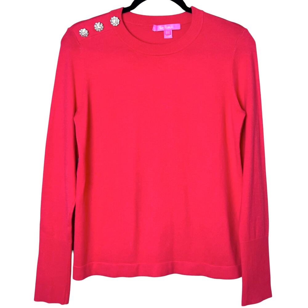 Lilly Pulitzer Morgen Rhinestone Buttons Crew Neck Sweater Preppy Coral XS